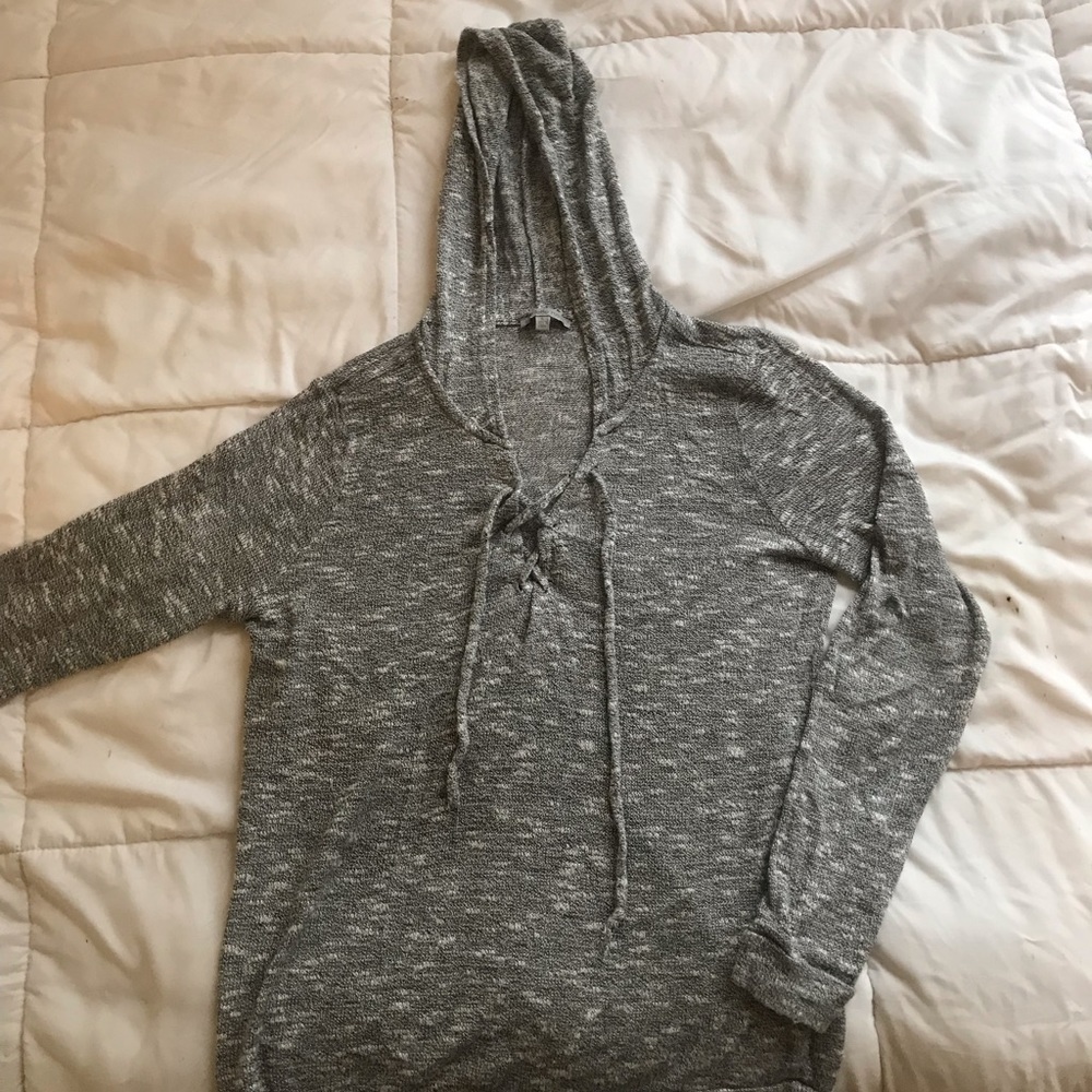 Grey Knit Tie-Front Long Sleeve Shirt with Hood